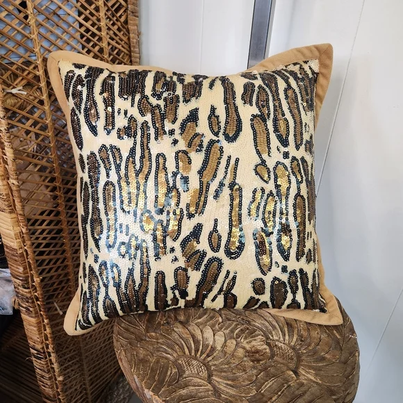 Leopard Print Sequin Brown Tan Leopard Animal Print Throw Pillow Home Decor 15" - Picture 2 of 7